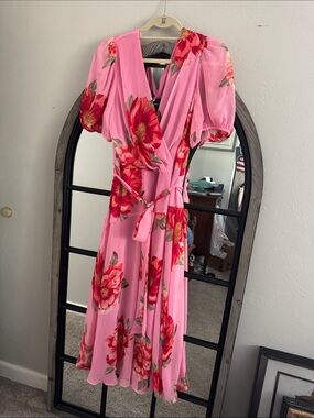 Maison Tara Pink Floral Dress with Tie Waist, zipper in back, slit on one side